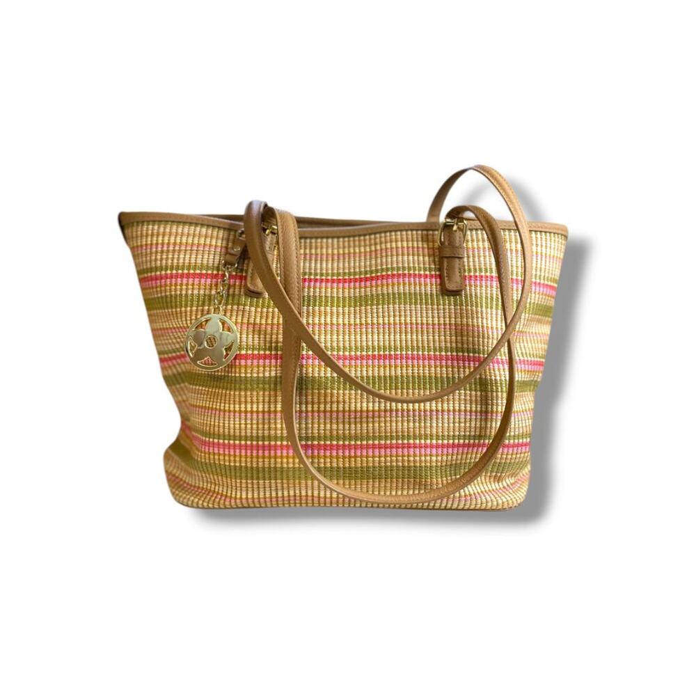 Bueno Woven Tote Handbag Multicolor Stripe Green Pink 9.5"h x 11"l